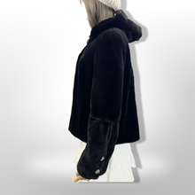 Load image into Gallery viewer, New Luxury Sheared Black Mink Hooded Coat with Rhinestone Detail