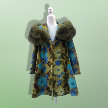 Load image into Gallery viewer, 60’s 70’s Tapestry Carpet Coat Blue Turquoise Green Beaded Belt Fur Fox Norwegian Collar