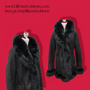 New Black Suede Shearling Lined Fox Fur Trim Luxury Coat