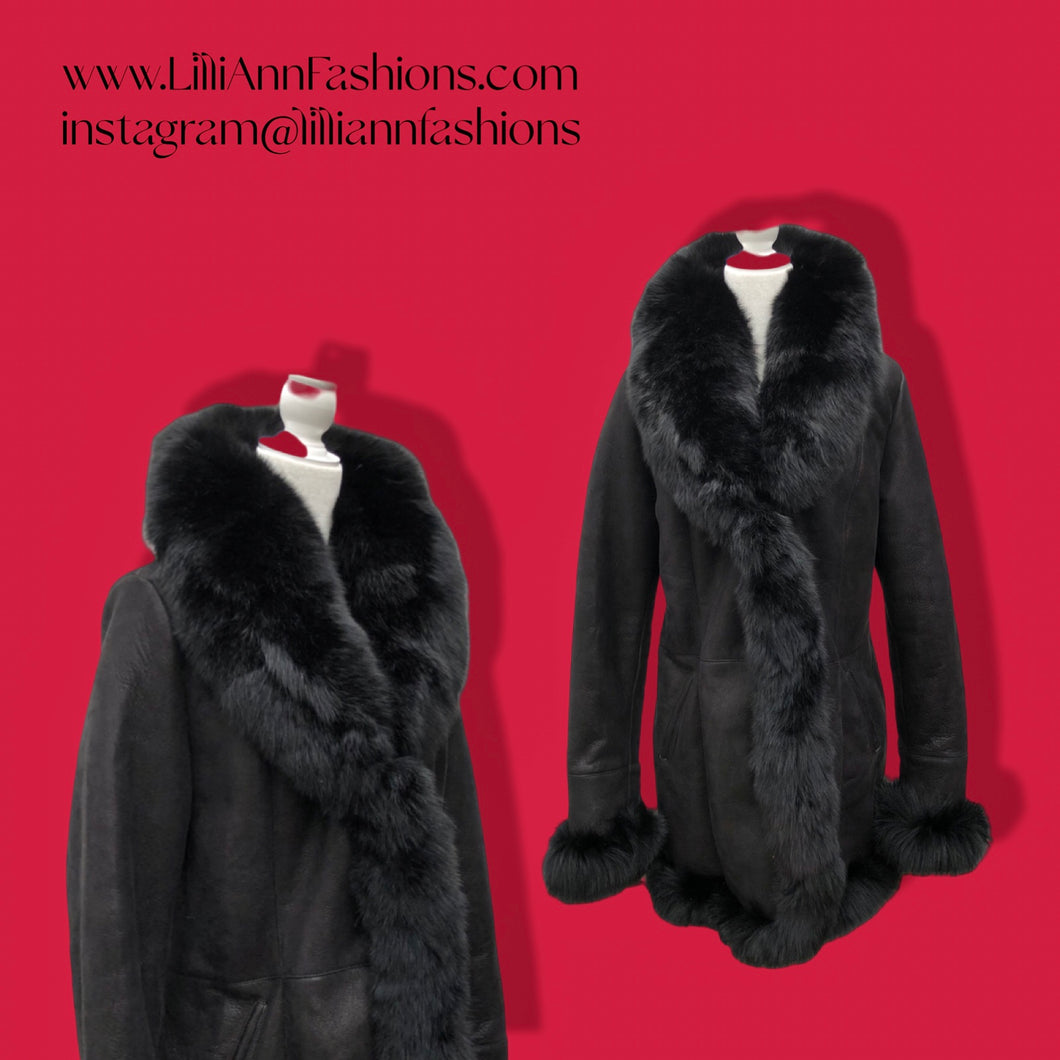 New Black Suede Shearling Lined Fox Fur Trim Luxury Coat