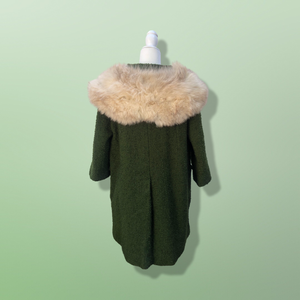 60’s Green Vintage Coat Wear Two Ways Removable Fox Fur Swing Coat Boucle Wool