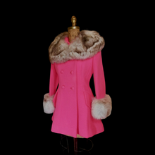 Load image into Gallery viewer, 60s Pink Lilli Ann Norwegian Fox Fur Coat Fit and Flare Neon Florescent Bright Pink Double Breasted Princess
