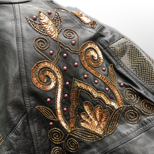 Load image into Gallery viewer, 80’s Black Leather Jacket Glam Gold Beaded and Embroidered Studio 54 David Bowie Style Dolman Sleeve