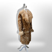 Load image into Gallery viewer, Boho Penny Lane Caramel Suede Sheepskin Curly Mongolian Lamb Intricate Embroidery Embroidered Coat Custom Made in France