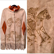 Load image into Gallery viewer, 70’s Suede Poncho Cape with Carved Horse Scene Mint Condition Fringe Border One Size Fits All