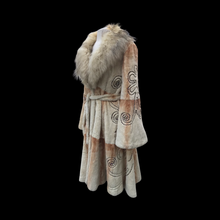 Load image into Gallery viewer, Embroidered Mocha Cream Colored Ombré Sheared Fur Beaver Princess Coat with Crystal Accents Full Skirt and Flared Bell Sleeves Wearable Work of Art One of A Kind