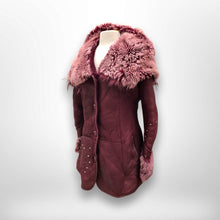 Load image into Gallery viewer, Italian made Purple Bergundy Lamb Leather and Shearling Hooded Studded Coat Jacket