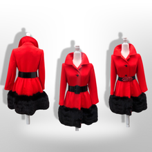 Load image into Gallery viewer, Women's Vintage Lilli Ann Coat- Lipstick Red Orange Bright 60's Mod Wool Thick Tiered Black Fox Fur Trim Fit Flare Princess Small Pinup