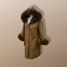 Load image into Gallery viewer, New Tan Shearling Lamb and Leather Fox Fur Hooded Coat Reversible Minimalistic
