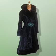 Load image into Gallery viewer, 60s 70s Black Faux Fur Faux Persian Lamb Princess Coat Jeweled Belt Russian Princess M/L Boho