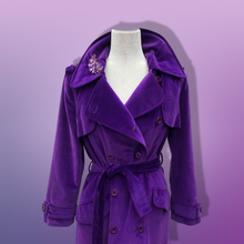 Load image into Gallery viewer, Vintage 70’s Calvin Klein Violet Royal Purple Velvet Full Length Coat Trench Coat Spy Coat