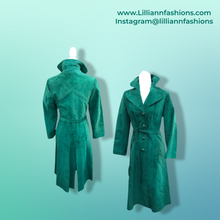 Load image into Gallery viewer, Emerald Green Suede 70’s Coat Rounded Collar Studio 54 Trench Spy Coat