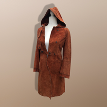 Load image into Gallery viewer, 70’s Vintage Suede Hooded Orange Rust Coat Small Petite Heavy Duty Snap Closure