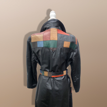 Load image into Gallery viewer, 70’s Black Patchwork Leather Trench Coat Spy