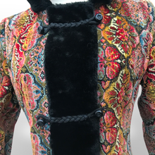 Load image into Gallery viewer, Vintage Hooded Tapestry Carpet Needlepoint Multi Color Rich Coat with Faux Fur Trim and Beaded Belt Boho Princess Boho Chic