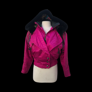 80’s 90’s Hot Pink Hooded Ski Windbreaker Jacket Cropped Tapered Waist Southwestern Aztec Trim