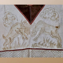 Load image into Gallery viewer, 70’s Suede Poncho Cape Equestrian Serape with Carved Two Bulls Fighting Scene Fringe Border One Size Fits All Cowboy Cowgirl Unisex Southwestern Mexican Native Boho One of A Kind