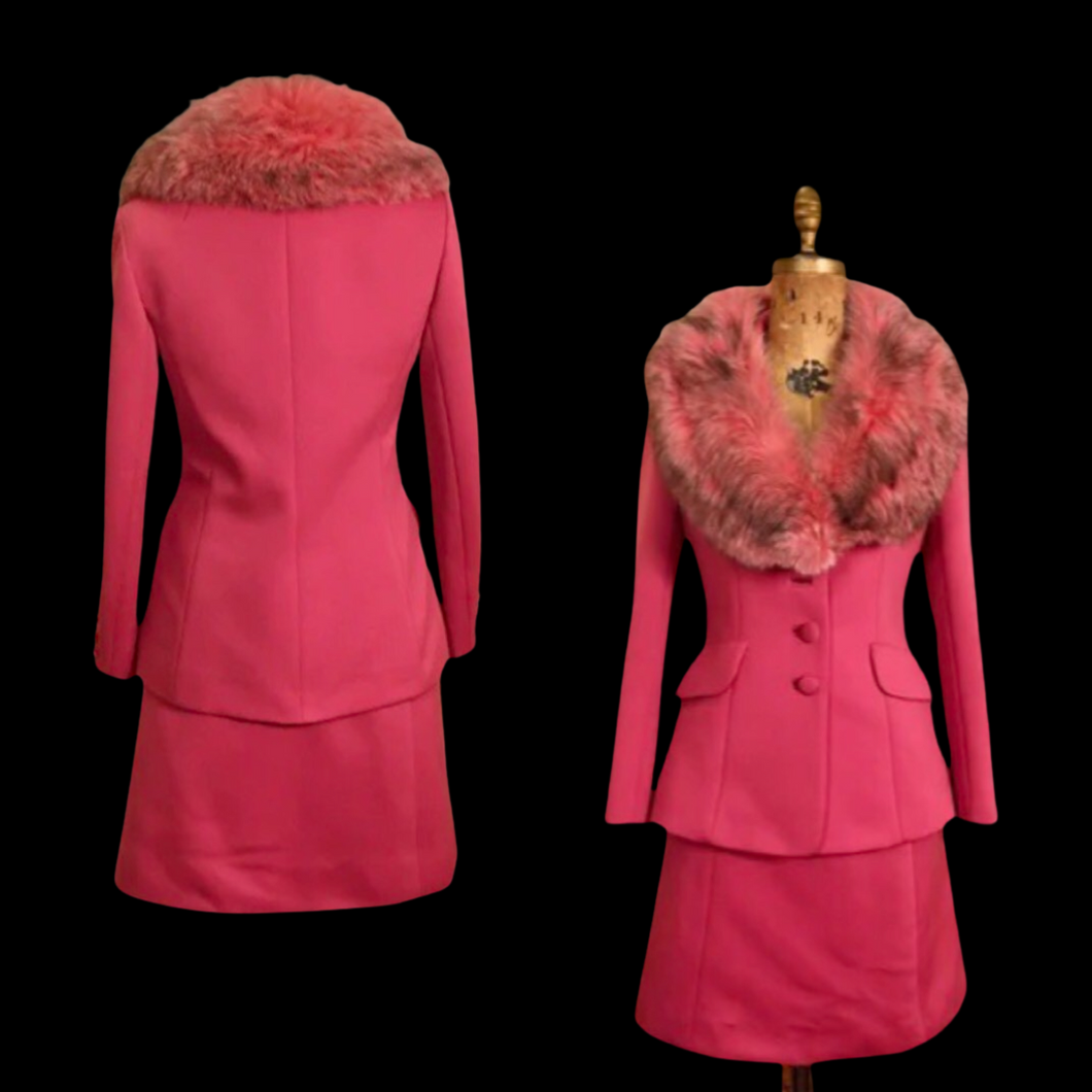 60’s Vintage Pink Lilli Ann Two Piece Skirt Suit with Pink Silver Fox Fur Collar