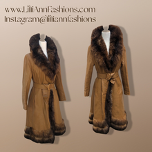 Load image into Gallery viewer, 70’s Caramel Leather Coat with Genuine Fur Trim Princess Fit and Flare Style