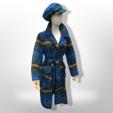 Load image into Gallery viewer, Made in Scotland Scottish Pure Mohair and Wool Plaid Coat Hat Scarf Three Piece Set Blue Yellow Wrap Style
