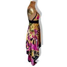 Load image into Gallery viewer, Maxi Dress Asymmetrical Silk Made in Paris V Neck Pink Magenta Yellow Floral and Geometric S/M