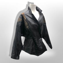 Load image into Gallery viewer, 80’s Black Leather Jacket Glam Gold Beaded and Embroidered Studio 54 David Bowie Style Dolman Sleeve