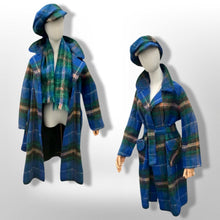 Load image into Gallery viewer, Made in Scotland Scottish Pure Mohair and Wool Plaid Coat Hat Scarf Three Piece Set Blue Yellow Wrap Style