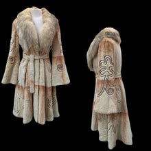 Load image into Gallery viewer, Embroidered Mocha Cream Colored Ombré Sheared Fur Beaver Princess Coat with Crystal Accents Full Skirt and Flared Bell Sleeves Wearable Work of Art One of A Kind