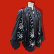 Load image into Gallery viewer, Vintage Glam 80’s Couture Neiman Marcus Leather Dolman Batwing Cocoon Black Leather Suede Hand Beaded Sequined Jacket Studio 54 80’s Iman Style One Size Fits Most