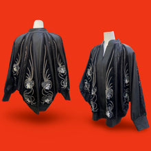 Load image into Gallery viewer, Vintage Glam 80’s Couture Neiman Marcus Leather Dolman Batwing Cocoon Black Leather Suede Hand Beaded Sequined Jacket Studio 54 80’s Iman Style One Size Fits Most