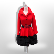 Load image into Gallery viewer, Women's Vintage Lilli Ann Coat- Lipstick Red Orange Bright 60's Mod Wool Thick Tiered Black Fox Fur Trim Fit Flare Princess Small Pinup