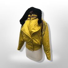 Load image into Gallery viewer, 80’s 90’s Yellow Mustard Hooded Ski Windbreaker Jacket Cropped Tapered Waist Southwestern Aztec Trim