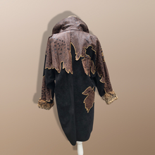 Load image into Gallery viewer, 80’s Does 20’s Cocoon Suede and Leather Gold Leaf Coat and Spotted Genuine Fur Serval Leopard Work of Art Coat