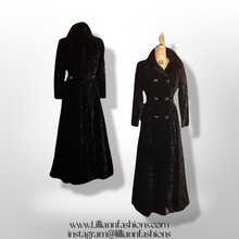 Load image into Gallery viewer, 60&#39;s 70&#39;s Black Raised Velvet Coat Fit and Flare Victorian Gothic Double Breasted Full Length Princess