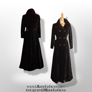 60's 70's Black Raised Velvet Coat Fit and Flare Victorian Gothic Double Breasted Full Length Princess