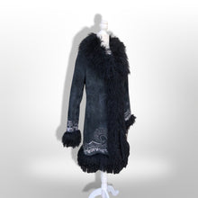 Load image into Gallery viewer, Vintage Black Suede Embroidered Mongolian Lamb Shearling Coat 38” Bust Penny Lane Boho