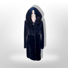 Load image into Gallery viewer, Jet Black Hooded Mink and Shearling Luxury Coat with Rhinestone Button