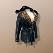 Load image into Gallery viewer, Black Leather Hooded Belted Faux Fur Leopard Pattern Lining Extra Cozy and Oversized