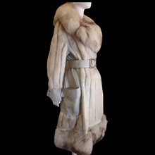 Load image into Gallery viewer, 70s Women&#39;s Vintage Coat and Hat- White Norwegian Silver Fur Lux Leather Mink Trench Hat Spy Belted Princess Coat Boho Chic