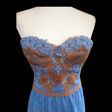 Load image into Gallery viewer, 80’s Vintage Three Piece Jean and Lace Skirt Bustier and Jacket Beaded and Embroidered Cowgirl Cowboy Beyoncé Style
