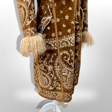 Load image into Gallery viewer, Boho Penny Lane Caramel Suede Sheepskin Curly Mongolian Lamb Intricate Embroidery Embroidered Coat Custom Made in France