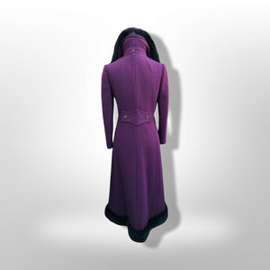 60’s 70’s Plum Purple Long Princess Coat with Sharp Tailoring and Faux Fur Trim