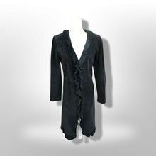 Load image into Gallery viewer, Black Suede Duster with Ruffle Tuxedo Collar Boho