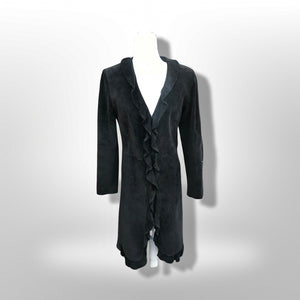 Black Suede Duster with Ruffle Tuxedo Collar Boho