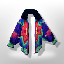 Load image into Gallery viewer, 80’s 90’s Neiman Marcus Genuine Down Puffer Coat in Rainbow Apres Ski “In Living Color” Pride Oversized Chubby Coat Rare Ski Winter Suede Fringr Native American Inspired Style