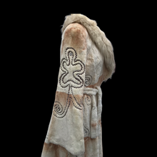 Load image into Gallery viewer, Embroidered Mocha Cream Colored Ombré Sheared Fur Beaver Princess Coat with Crystal Accents Full Skirt and Flared Bell Sleeves Wearable Work of Art One of A Kind