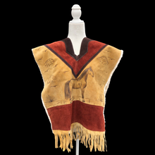 Load image into Gallery viewer, 70’s Suede Poncho Cape Equestrian Serape with Carved Horse Scene Mint Condition Fringe Border One Size Fits All Cowboy Cowgirl Unisex Southwestern Mexican Native Boho One of A Kind