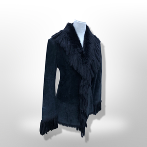 Vintage Black Suede Jacket Blazer Fitted with Tassle Fur Collar