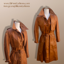 Load image into Gallery viewer, 70’s Vintage Two Piece with Removable Vest with Coat Leather Caramel Colored Trench Spy Coat Belted