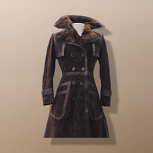 Load image into Gallery viewer, 60’s 70’s Suede Trench with Shearling Collar Made in Brazil Princess Fit and Flare